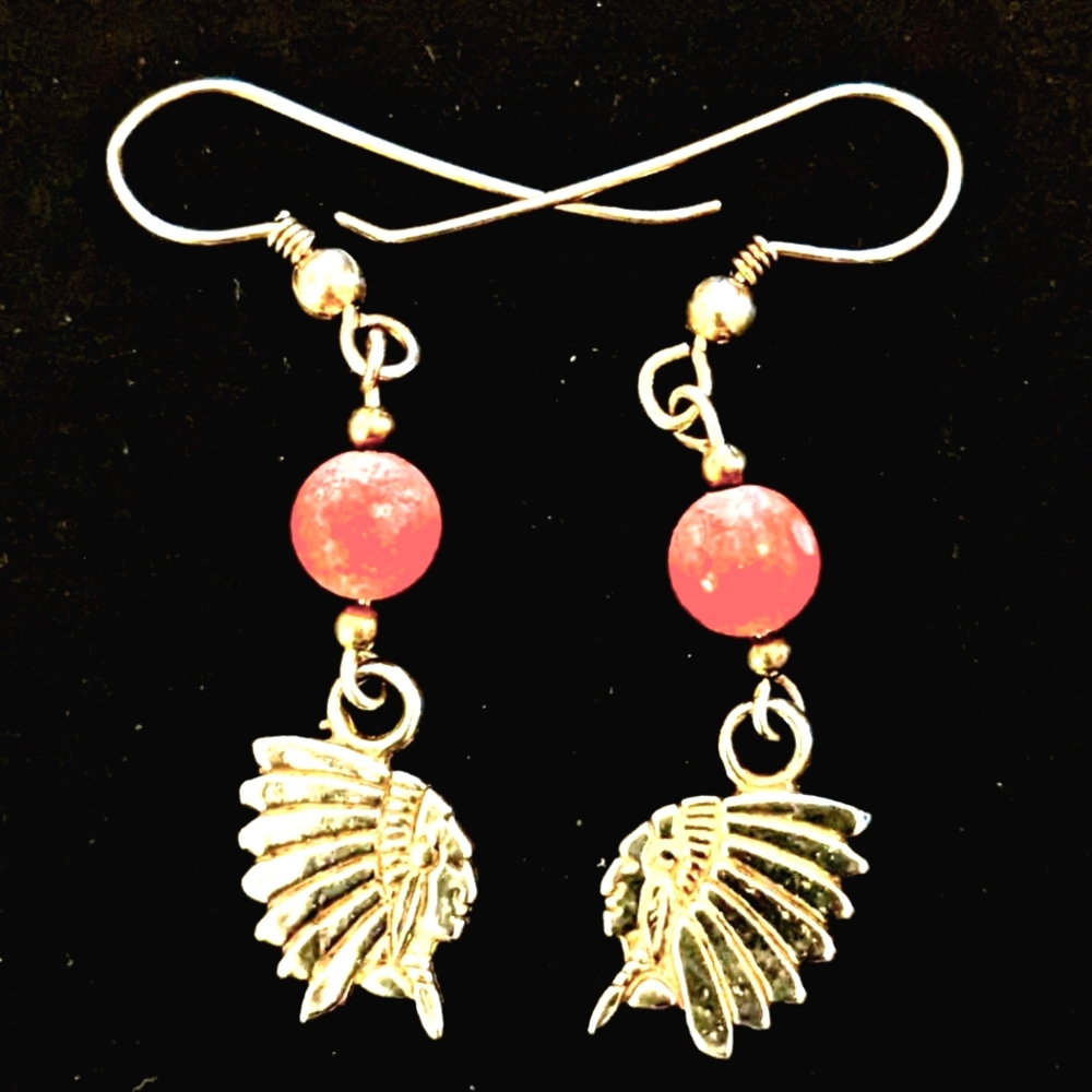 Vintage Navajo Sterling Silver Dangle Earrings — Pink Rhodonite Bead-French Hook